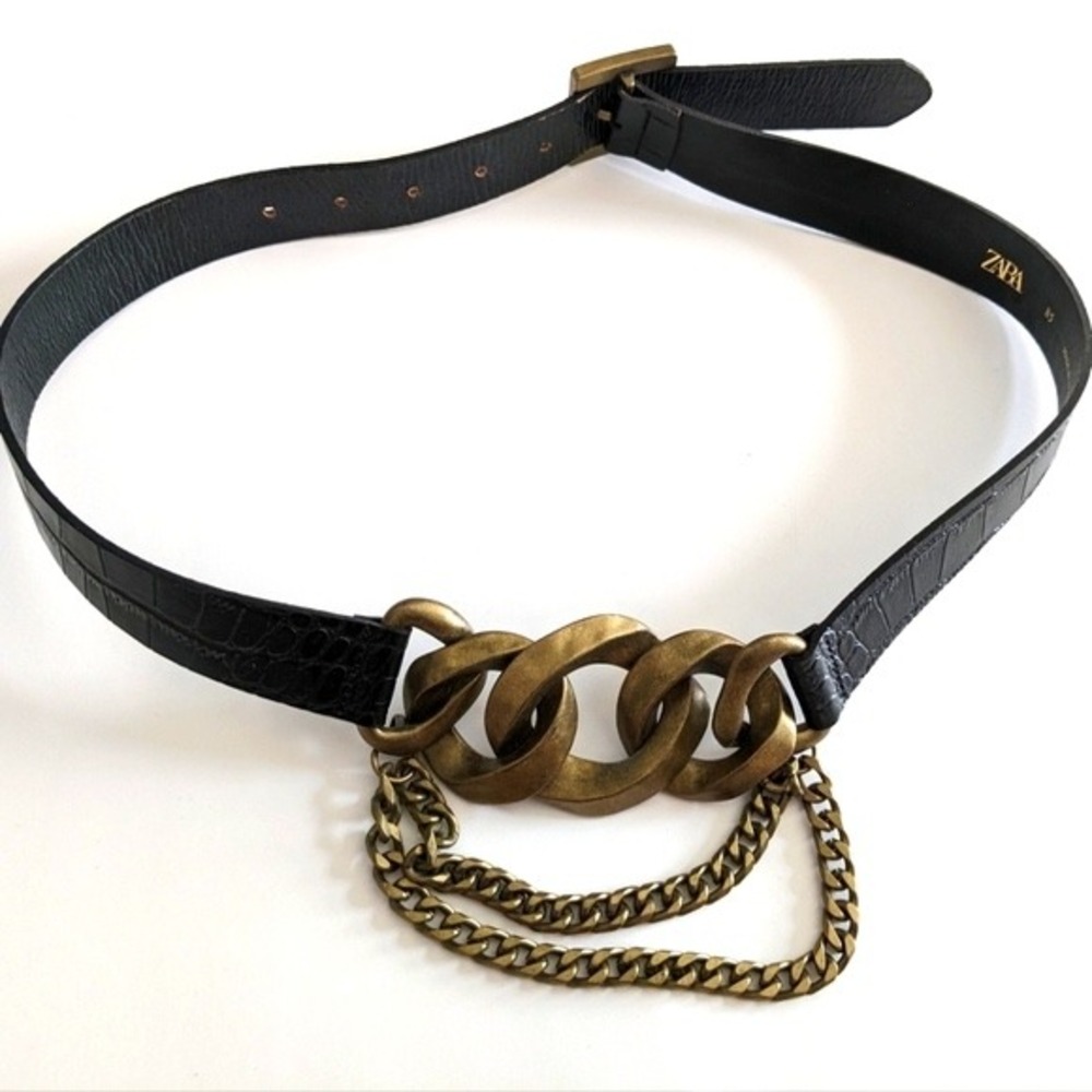 ZARA Black Croc Embossed Belt with‎ Gold Chain and Buckle Size 80